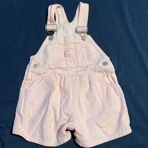 Vintage OshKosh B'Gosh pink and white striped Vestbak overalls short shortalls
